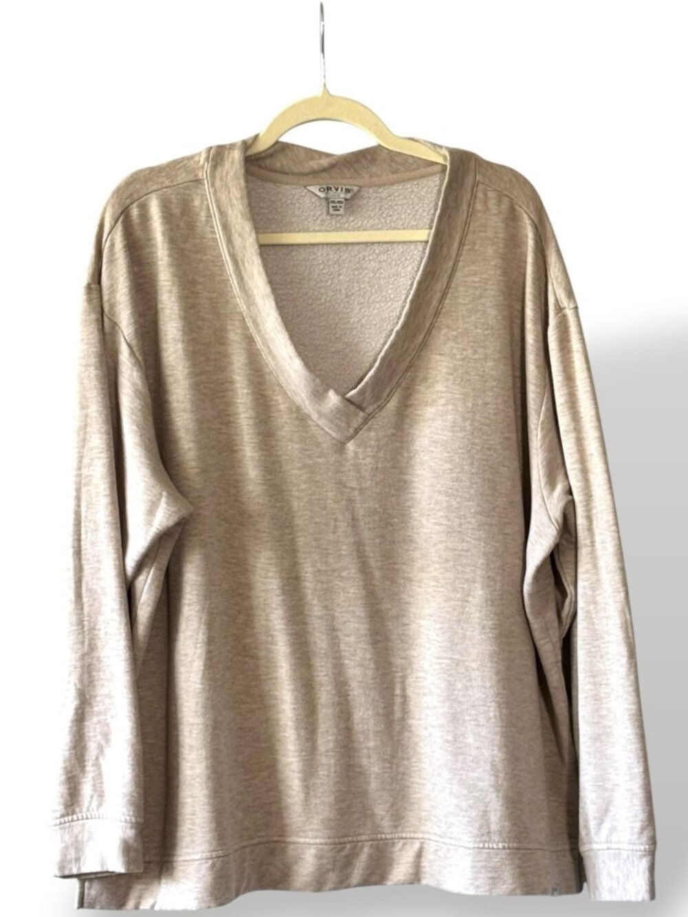 Orvis Classic Beige Fleece-Lined V-Neck Pullover Relaxed Fit - XXL